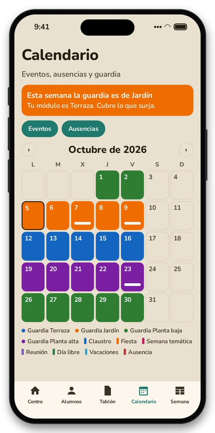 Calendario mensual con la guardia de cada semana en color, eventos y ausencias.