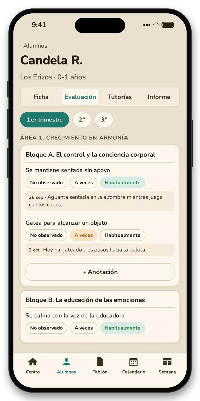 Evaluación por trimestre: ítems del currículo con estado y anotaciones fechadas.
