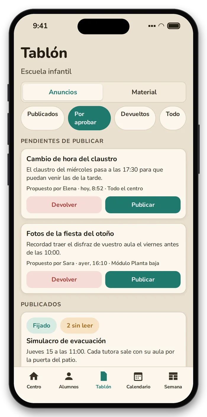 Tablón con anuncios pendientes de aprobar y publicados, y peticiones de material.