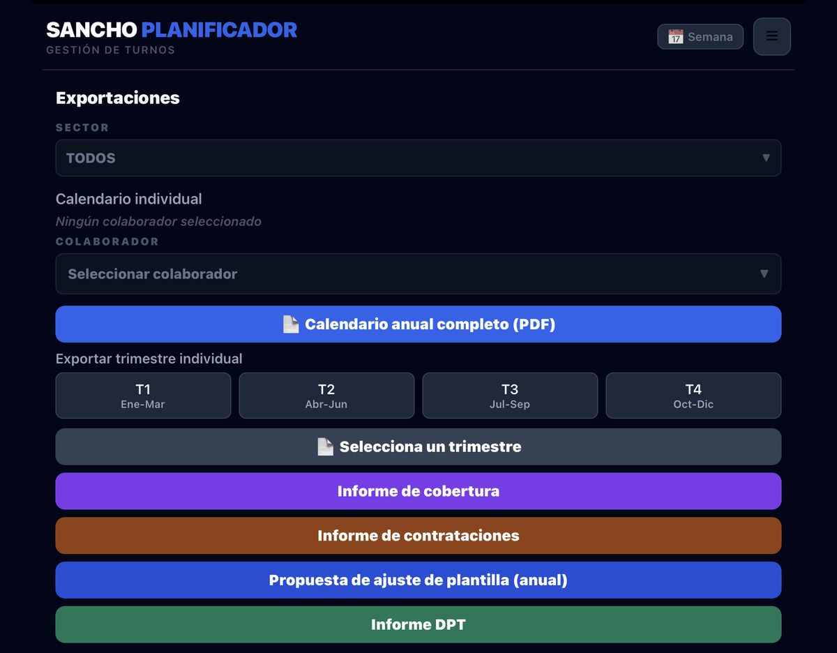 Pantalla de exportaciones con los informes disponibles.